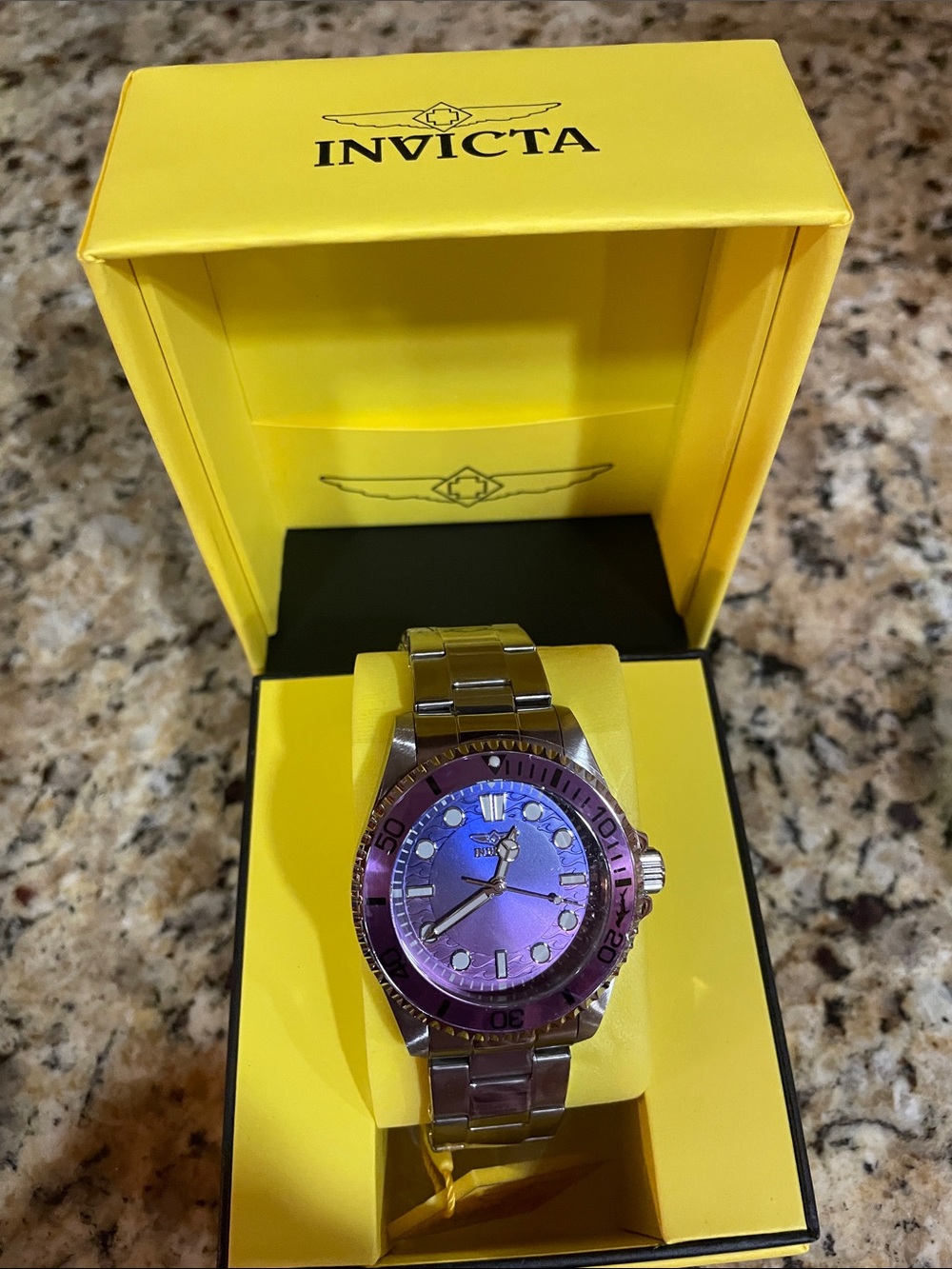 Invicta Pro Diver Men’s Silver Watch with Purple Dial and Bezel